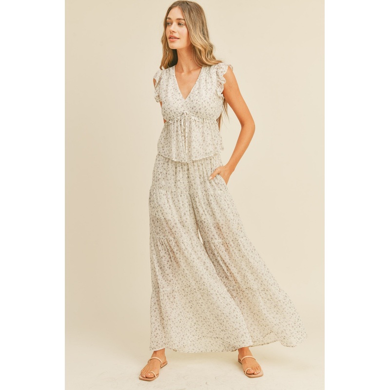 Off White Floral Tiered Wide Pants And V Neck Peplum Top Set
