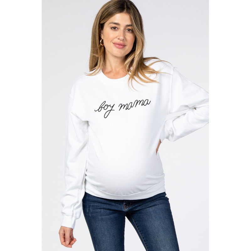 White"Boy Mama" Fleece Maternity Sweatshirt