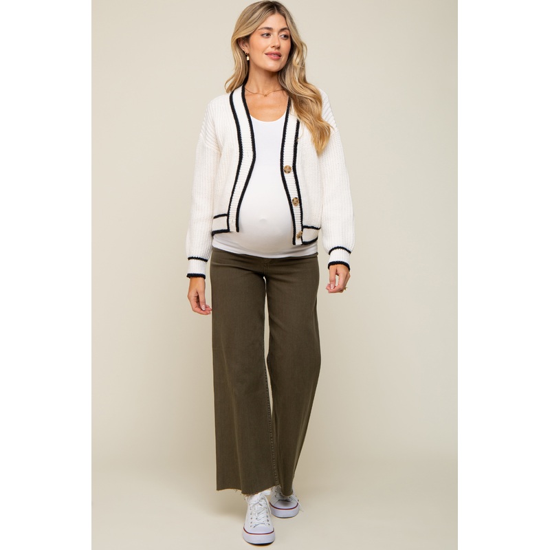 White Contrast Knit Maternity Cardigan