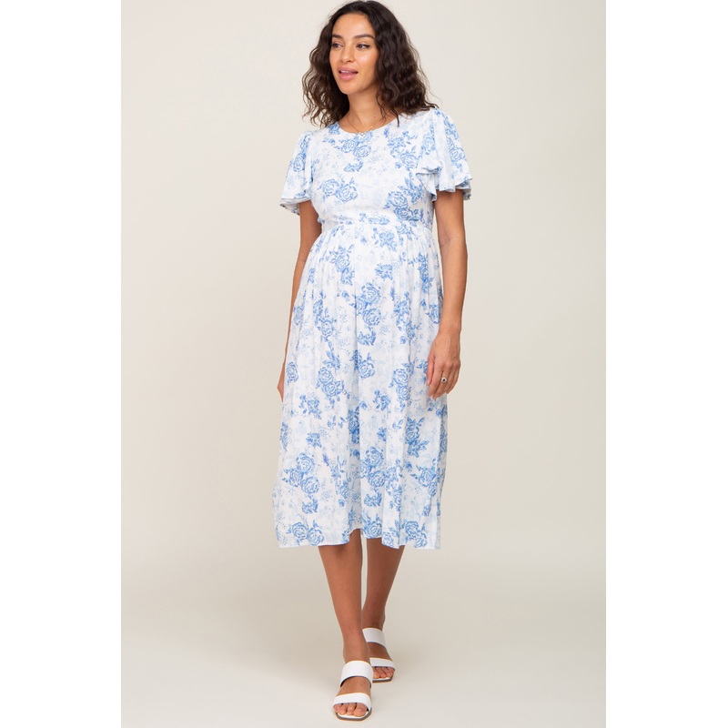 White Floral Short Flutter Sleeve Back Cutout Maternity Midi Dress