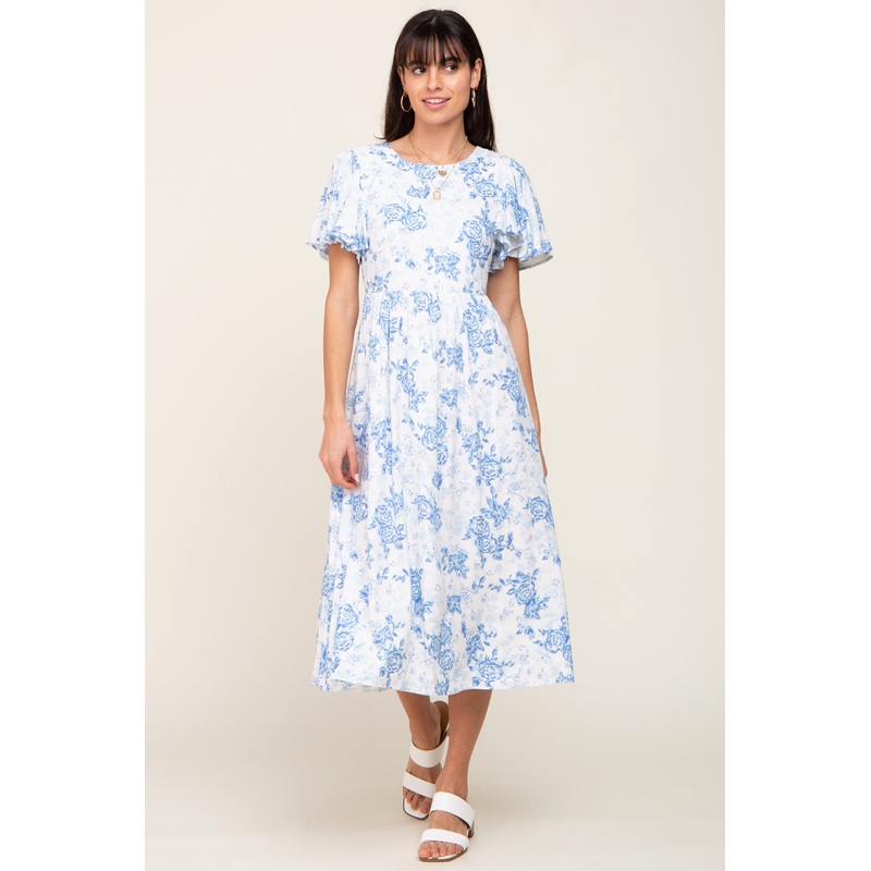 White Floral Short Flutter Sleeve Back Cutout Midi Dress
