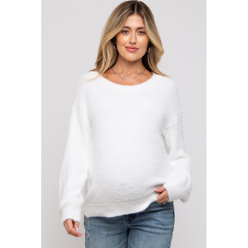 White Fuzzy Soft Knit Maternity Sweater