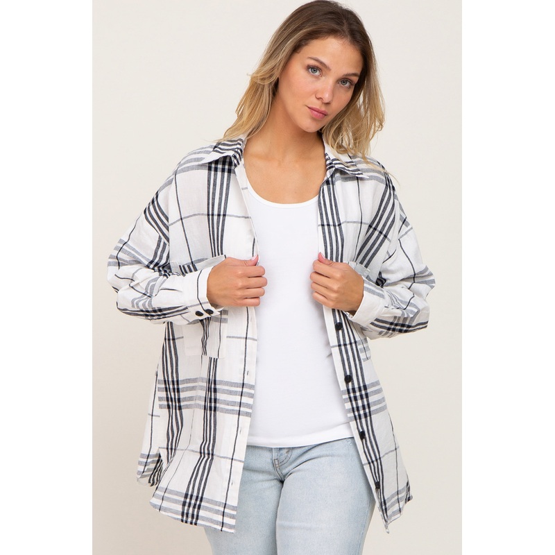 White Plaid Front Pocket Button Up Top