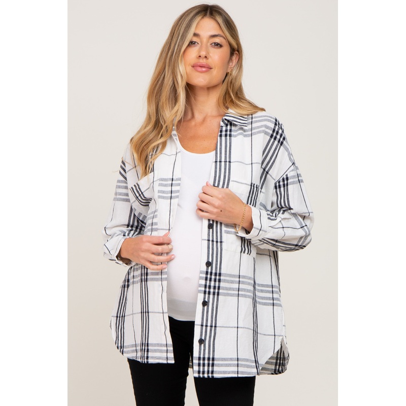 White Plaid Front Pocket Maternity Button Up Top