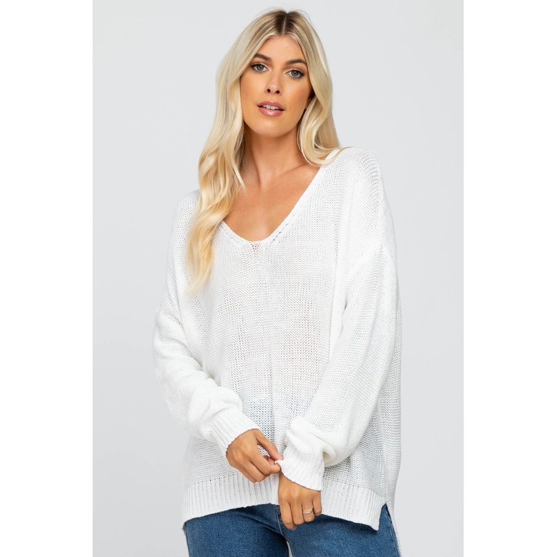 White Side Slit Knit Sweater
