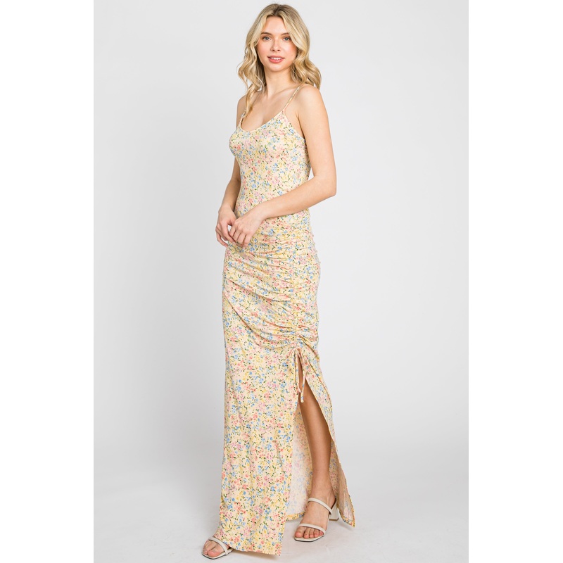 Yellow Floral Side Slit Ruched Maxi Dress