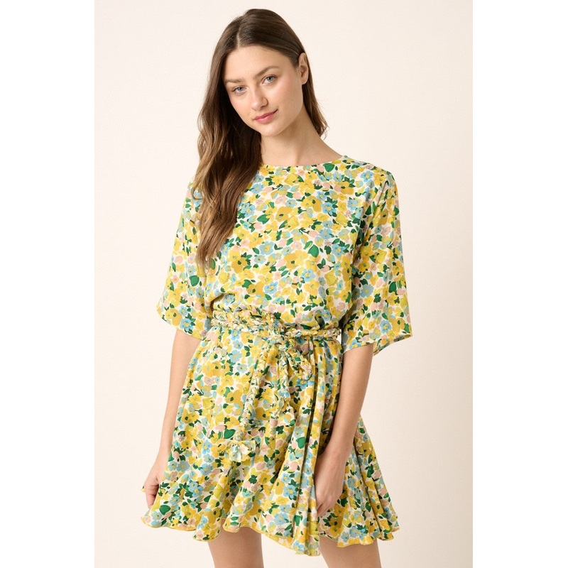 Yellow Flower Print Pleated Dress