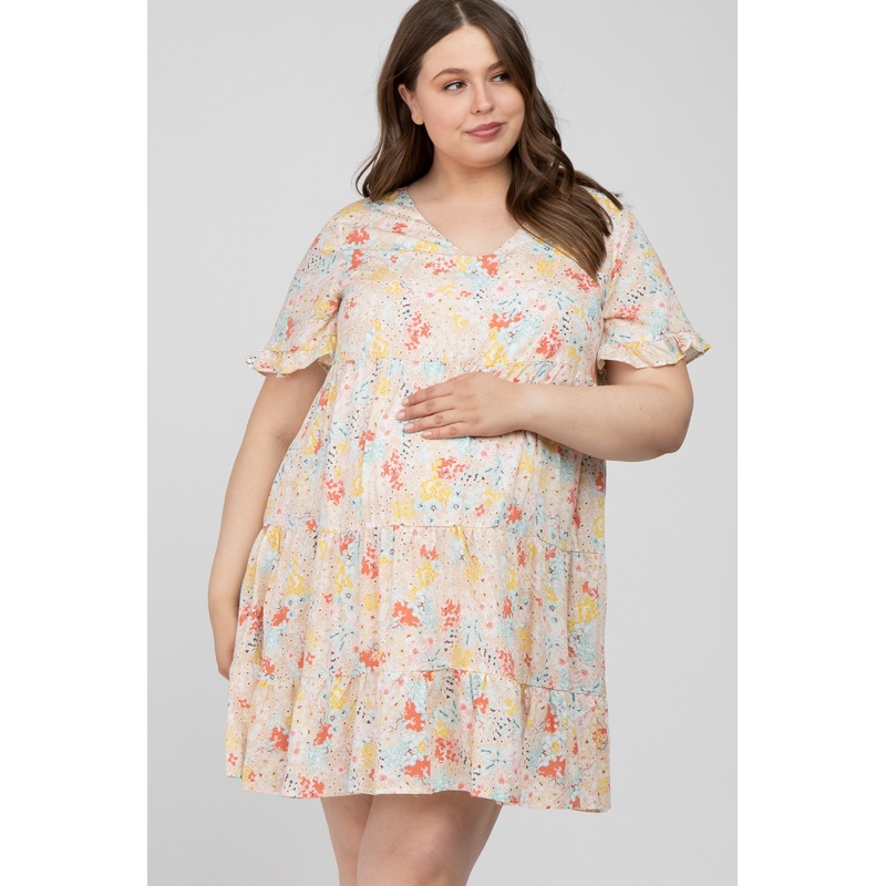 Beige Floral Tiered Maternity Plus Dress