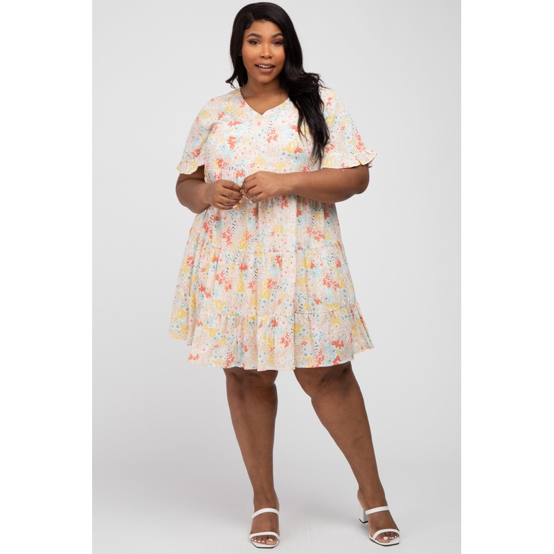 Beige Floral Tiered Plus Dress