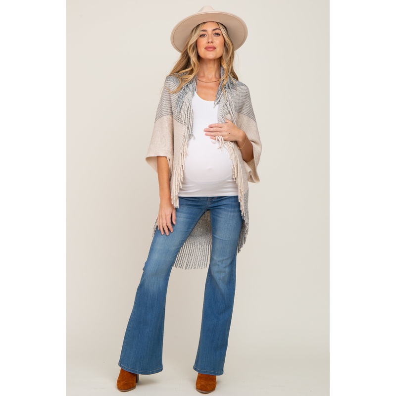 Beige Grey Fringe Knit Maternity Cover-Up