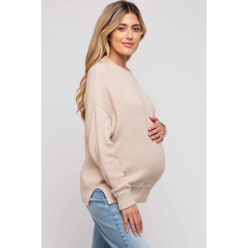 Beige Knit Side Slit Maternity Sweater