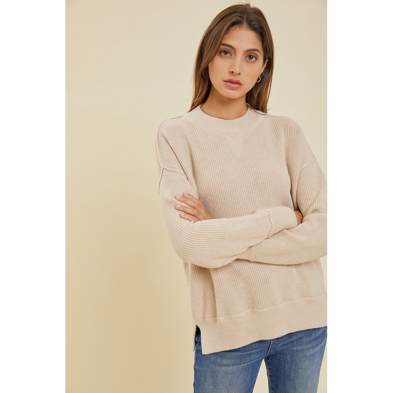Beige Knit Side Slit Sweater