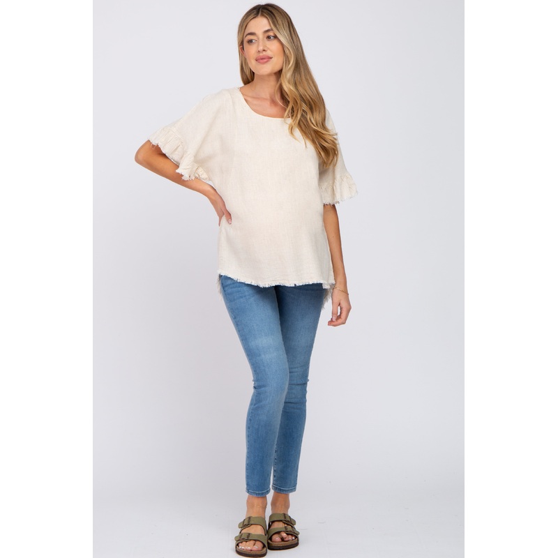 Beige Linen Fringe Cutout Back Maternity Top