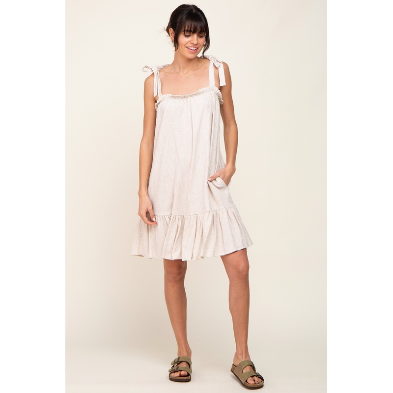 Beige Linen Square Neck Tie Strap Ruffle Hem Dress