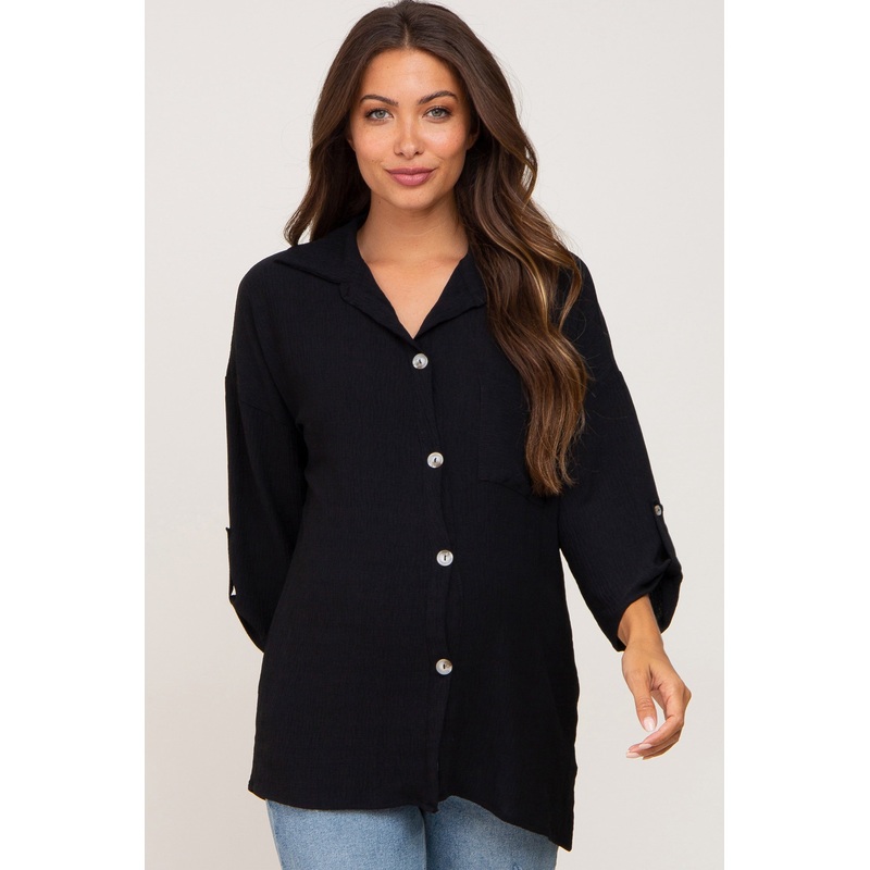 Black Button Front Collared Maternity Blouse