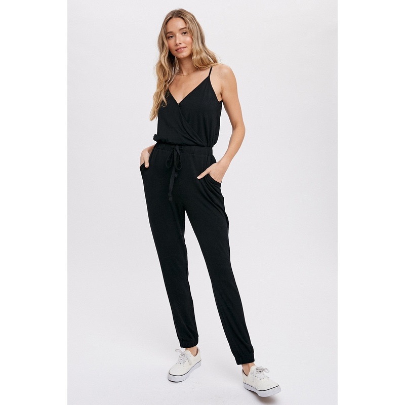Black Surplice Casual Jersey Jumpsuit