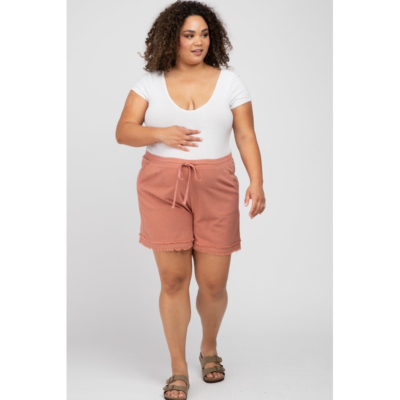 Mauve Striped Fringe Hem Maternity Plus Shorts