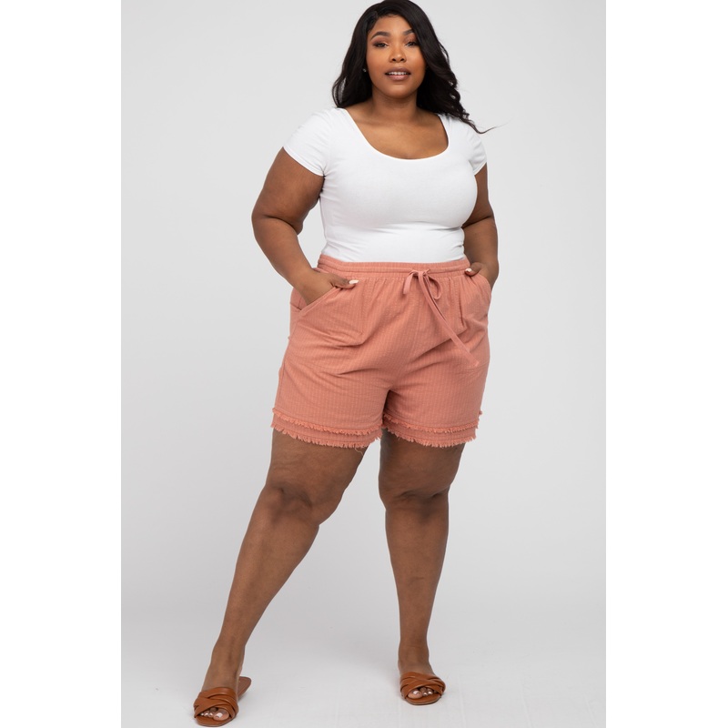 Mauve Striped Fringe Hem Plus Shorts