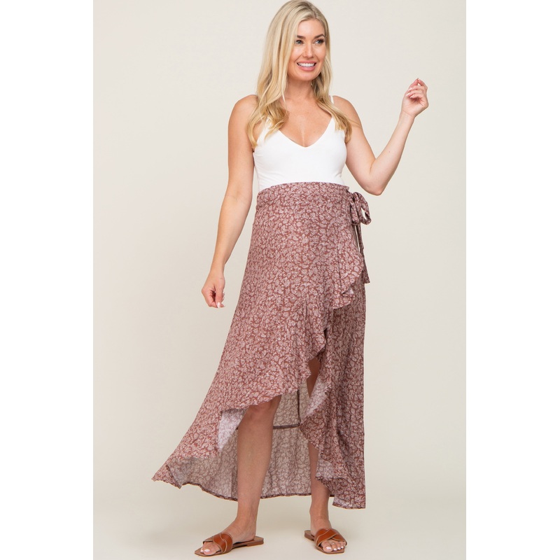 Rust Floral Ruffle Wrap Maternity Skirt