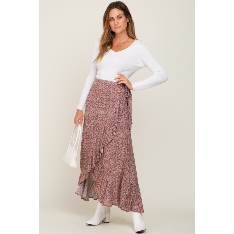 Rust Floral Ruffle Wrap Skirt
