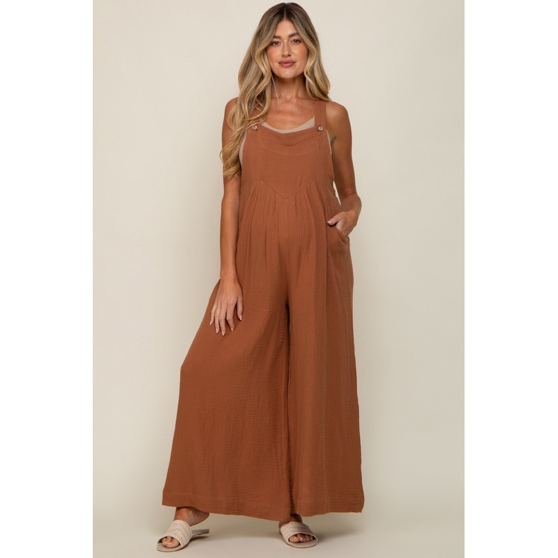 Rust Pocket Front Maternity Wide Leg Jumpsuit