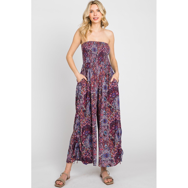 Violet Paisley Smocked Strapless Jumpsuit