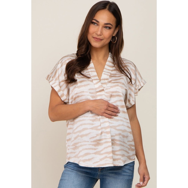 Beige Animal Print Maternity Split V-Neck Top