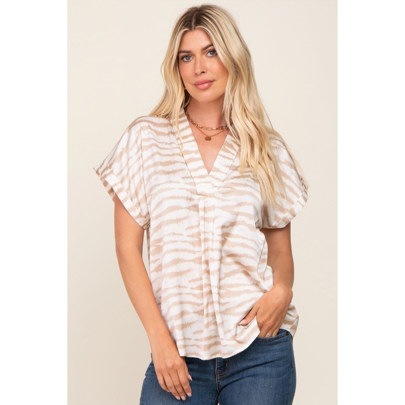 Beige Animal Print Split V-Neck Top