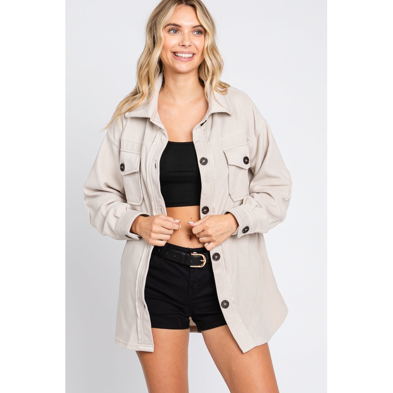 Beige Fleece Double Front Pocket Jacket