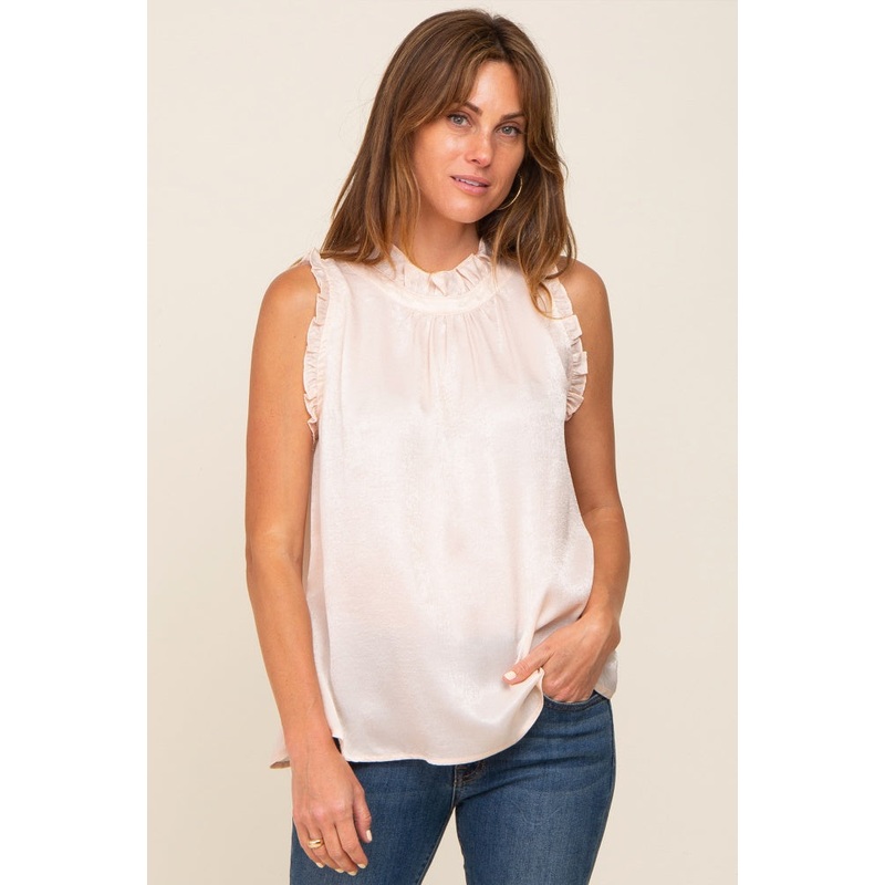Beige Ruffle Mock Neck Sleeveless Satin Blouse