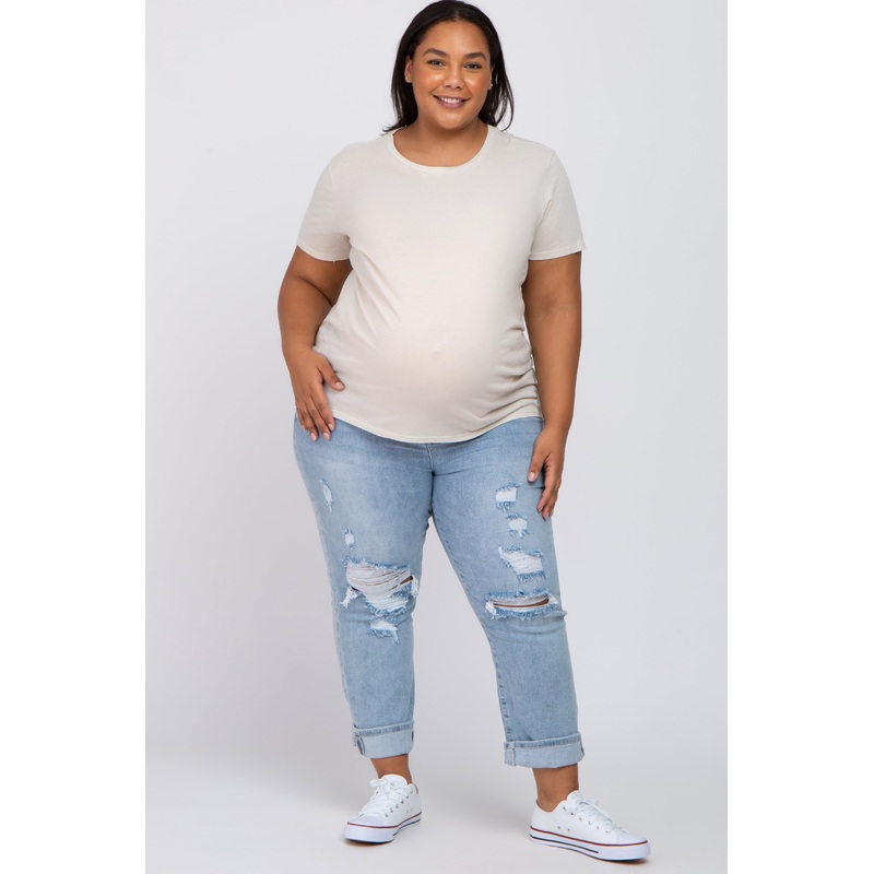 Beige Solid Short Sleeve Plus Maternity Top