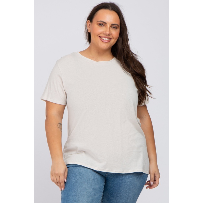 Beige Solid Short Sleeve Plus Top