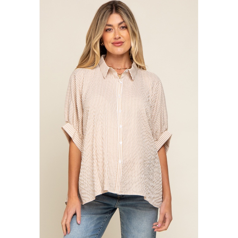 Beige Striped Dolman Button Down Maternity Top