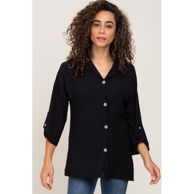 Black Button Front Collared Blouse