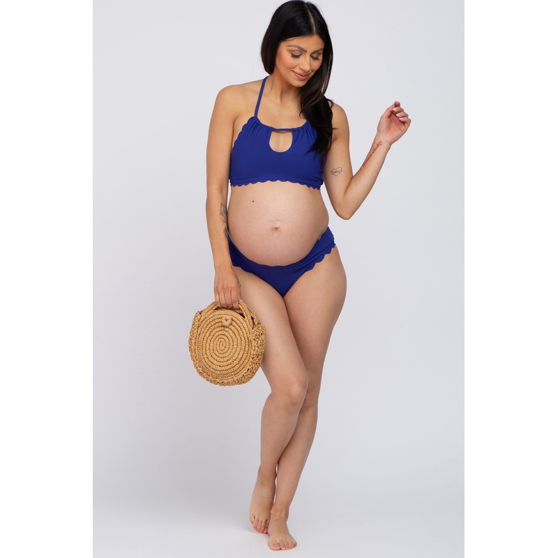 Blue Ribbed Scalloped Two-Piece Maternity Bikini Set