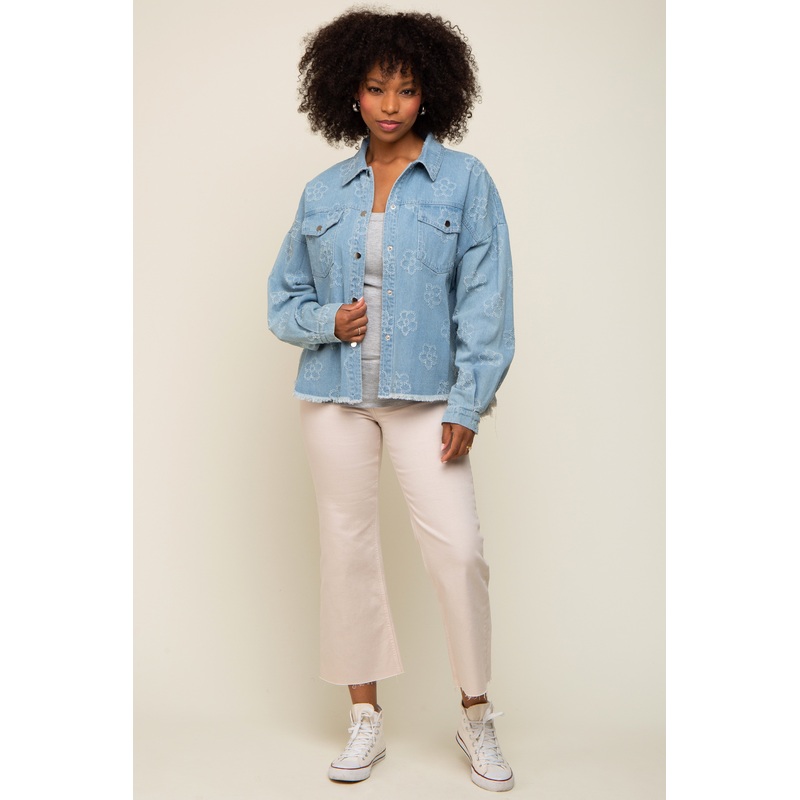 Light Blue Floral Embroidered Shirt Jacket