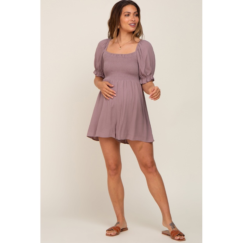 Mocha Smocked Puff Sleeve Maternity Romper