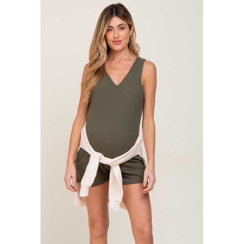 Olive Ribbed V-Neck Sleeveless Maternity Romper