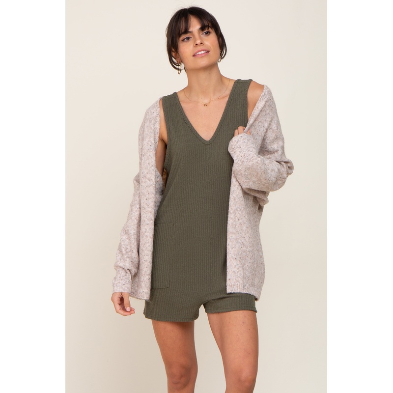 Olive Ribbed V-Neck Sleeveless Romper