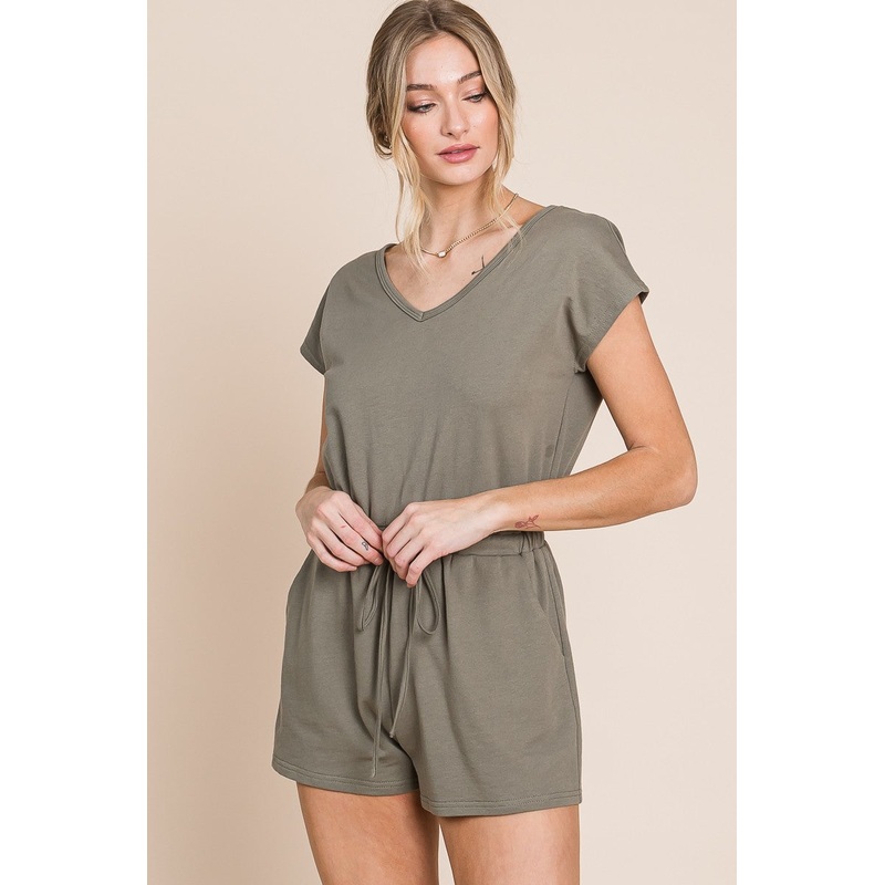 Olive Soft French Terry Romper With Pockets