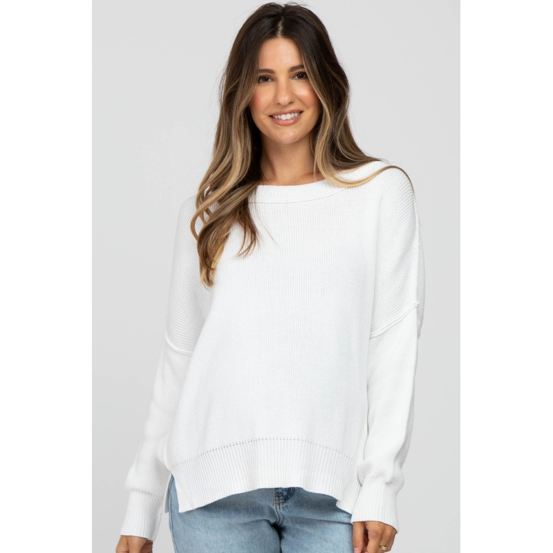 White Exposed Seam Side Slit Maternity Sweater
