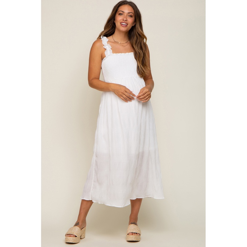 White Smocked Square Neck Maternity Midi Dres