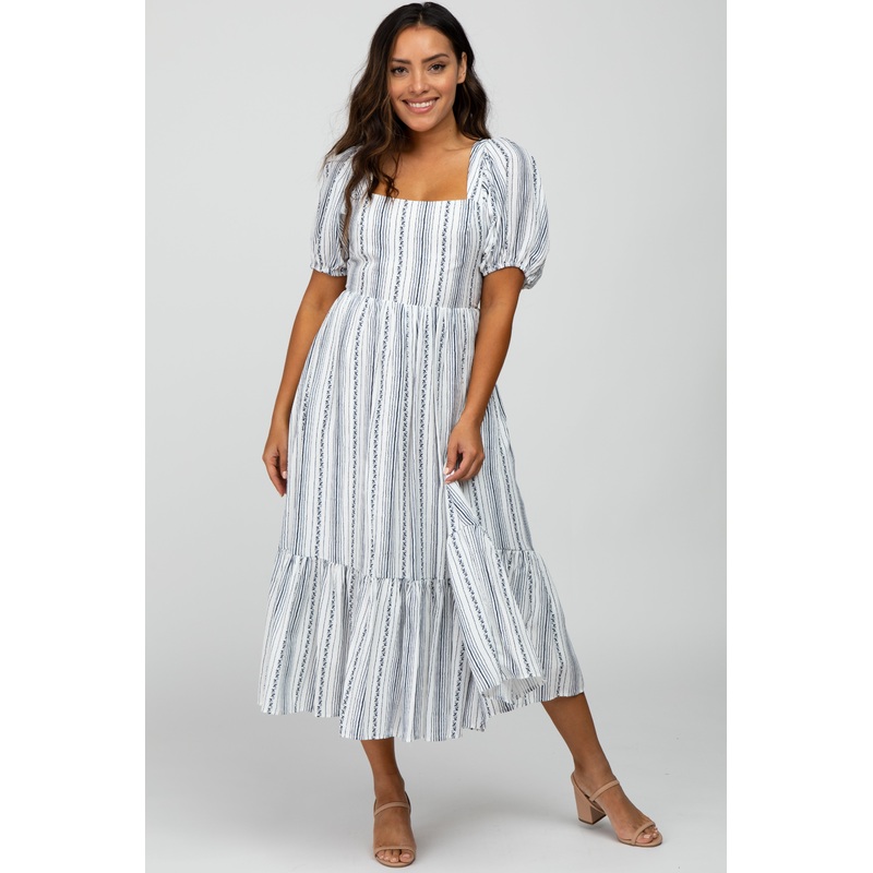 White Striped Puff Sleeve Midi Dress