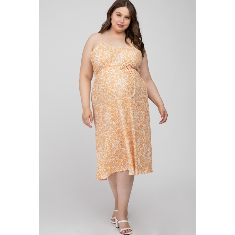 Yellow Floral Pleated Maternity Plus Midi Dress