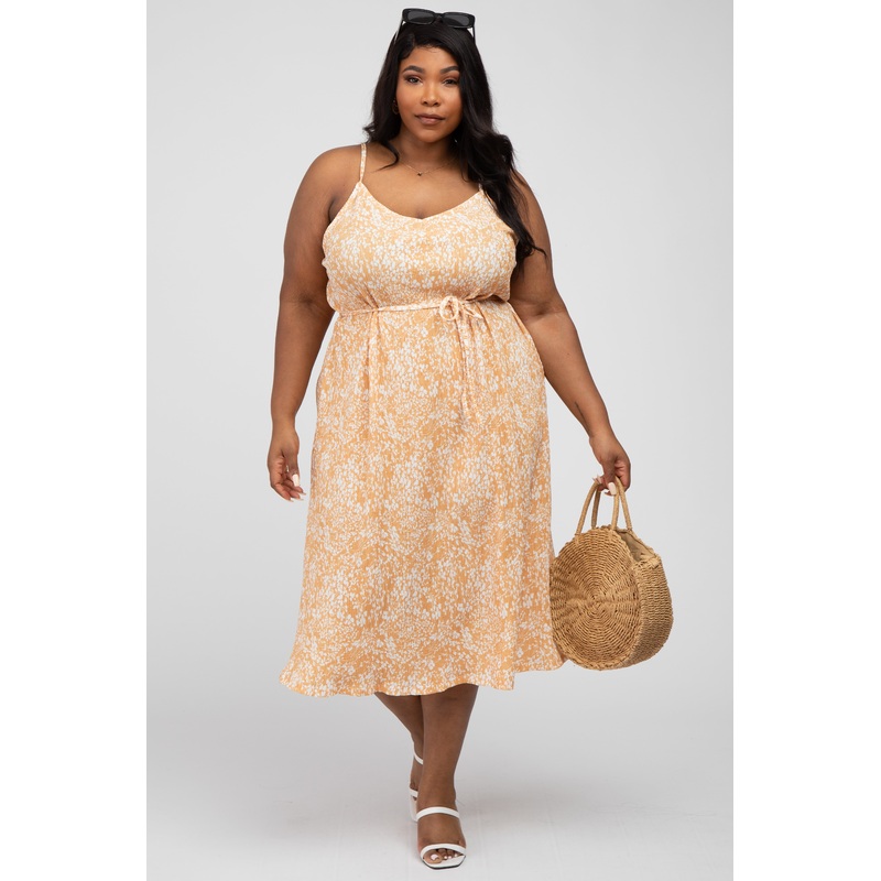 Yellow Floral Pleated Plus Midi Dress