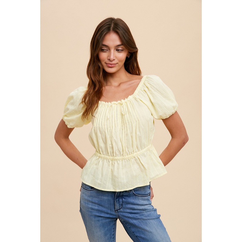 Yellow Pin Tuck Peplum Peasant Blouse