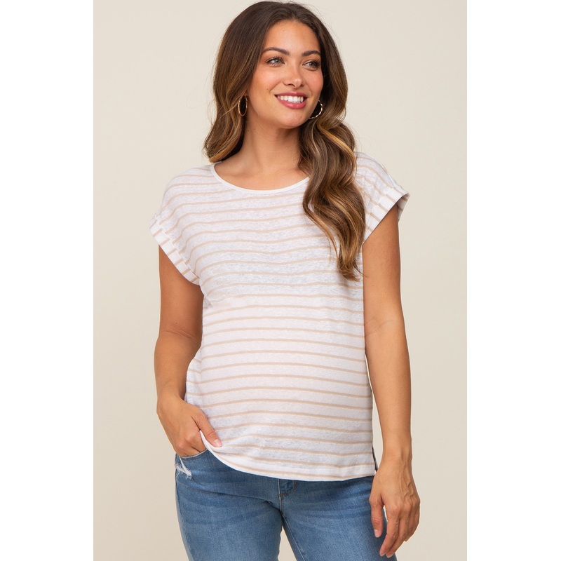 Beige Striped Cutout Back Maternity Top