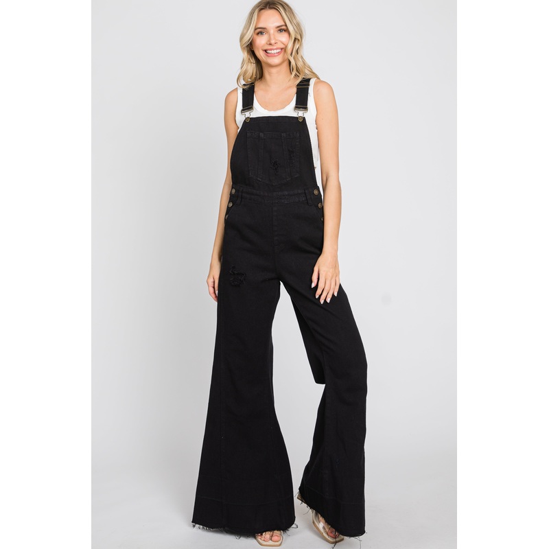 Black Denim Distressed Wide Leg Overalls