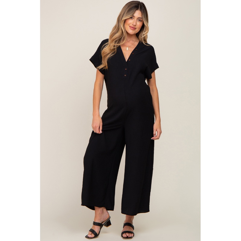 Black Front Button Accent Maternity Jumpsuit