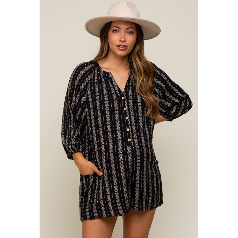 Black Printed Front Button Maternity Romper